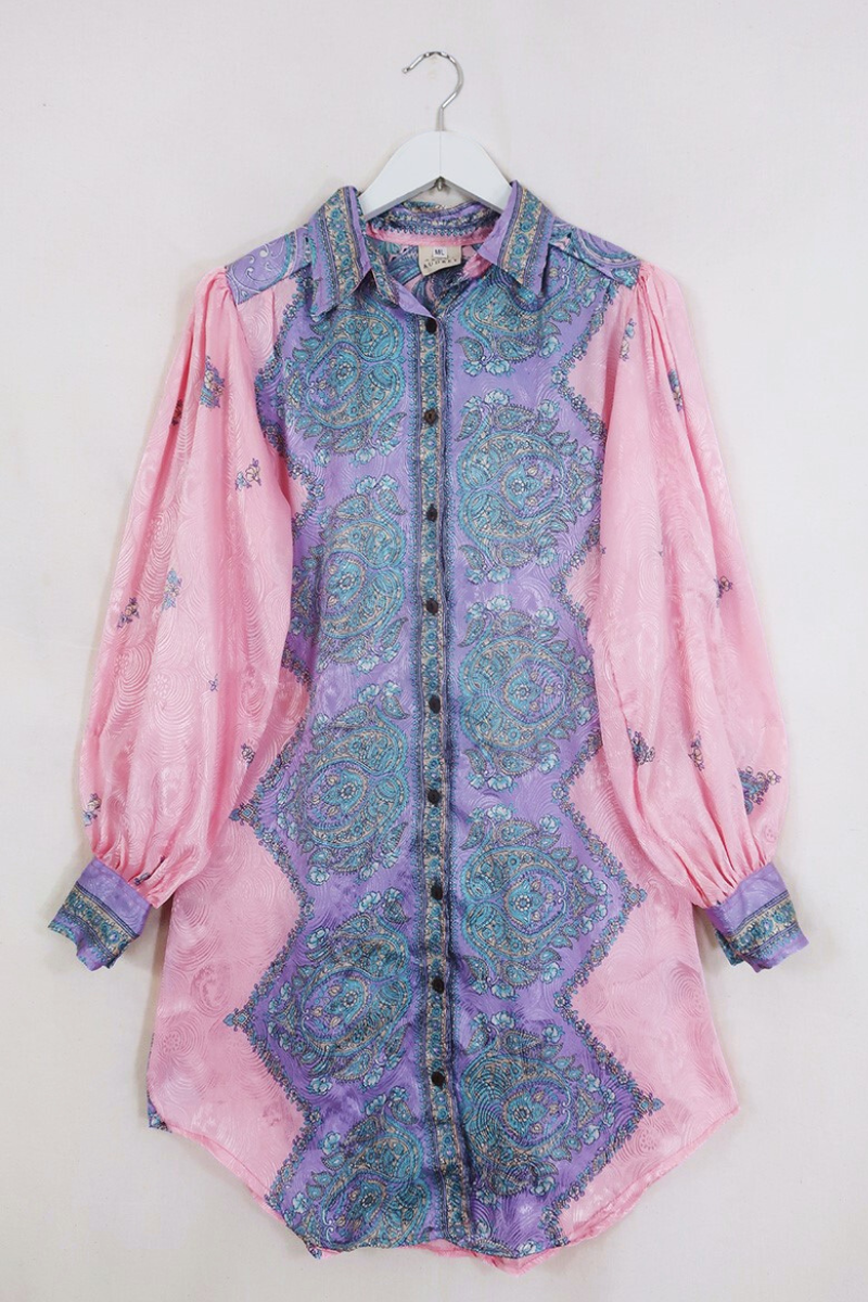 Bonnie Shirt Dress - Sherbert Outlaw Paisley - Vintage Indian Sari - Size M/L By All About Audrey