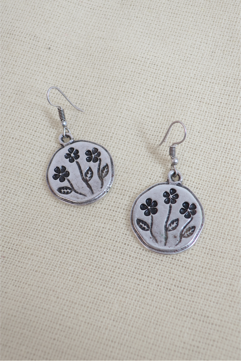 Stamped Floral Silver Plated Earrings