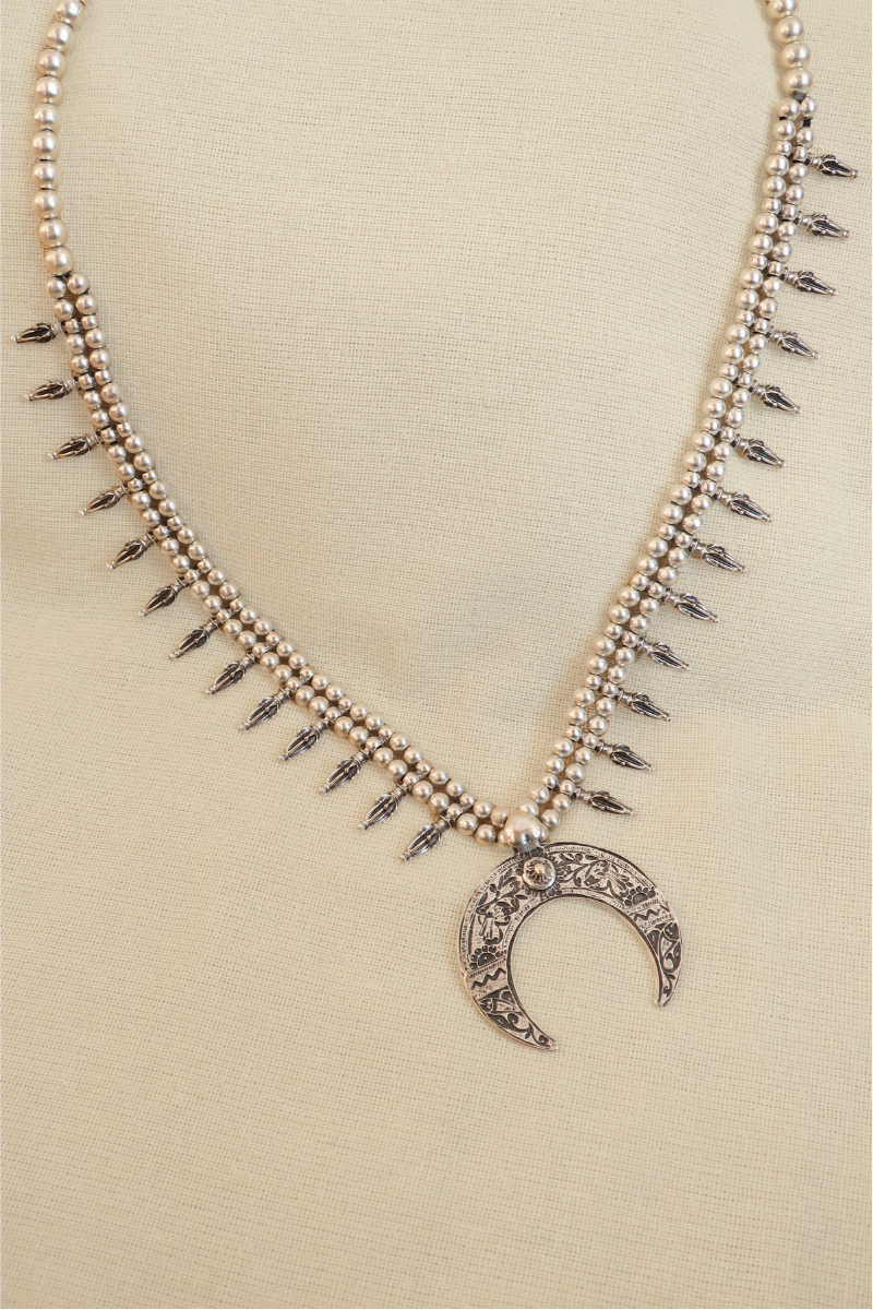 Crescent Moon Medallion Silver Plated Turkish Necklace