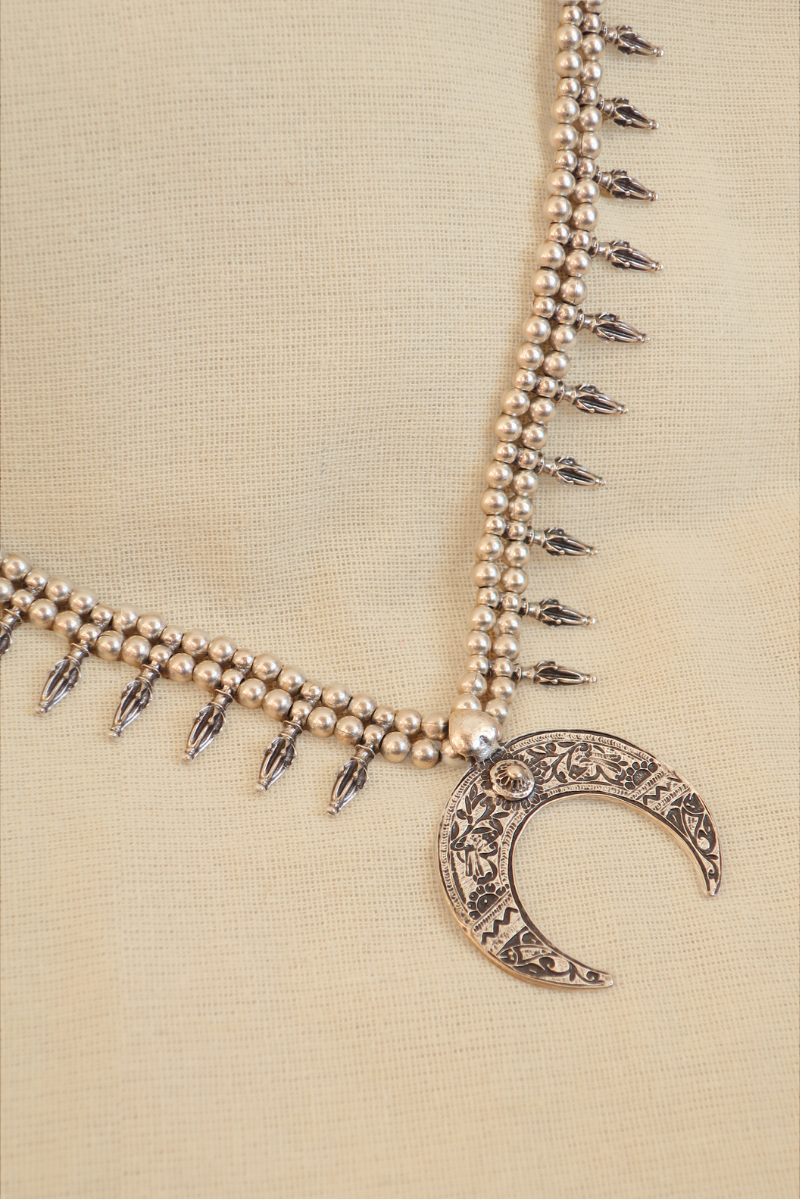 Crescent Moon Medallion Silver Plated Turkish Necklace