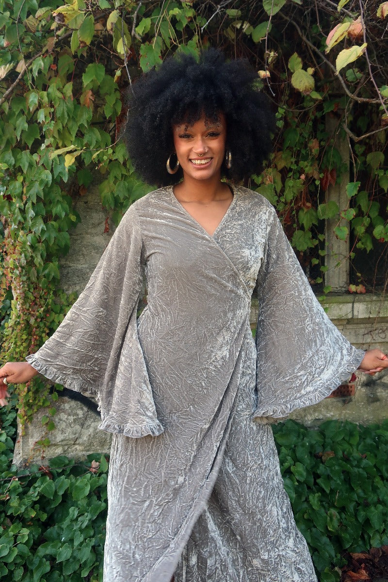 gray velvet maxi dress Gray Velvet Maxi Dress Women | Elegant Long Sleeve Velvet Gown with Flared Cuffs | Handmade Soft Velvet Winter Dress