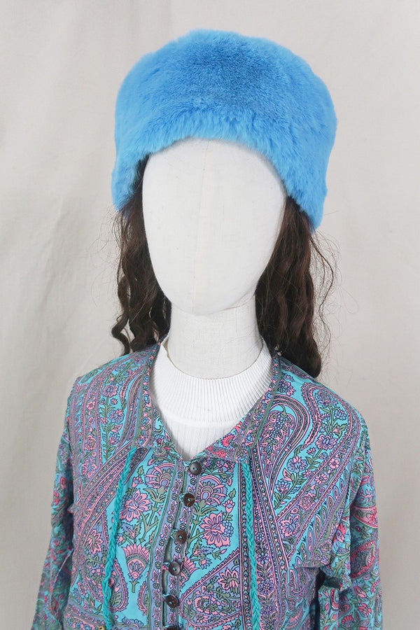 Anastasia Faux Fur Hat in Sky Blue by All About Audrey