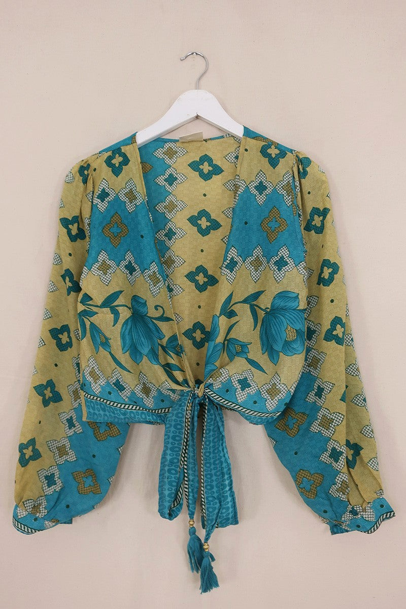 Lola Wrap Top - Sky & Sand Mosaic - Size XS by All About Audrey