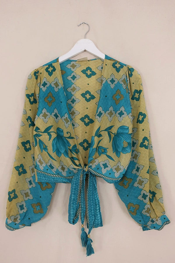 Lola Wrap Top - Sky & Sand Mosaic - Size XS by All About Audrey