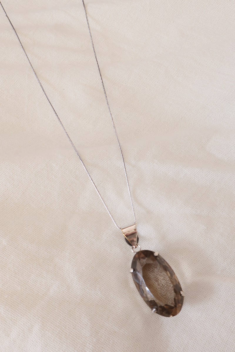 Smokey Oval Quartz Silver Plated Necklace