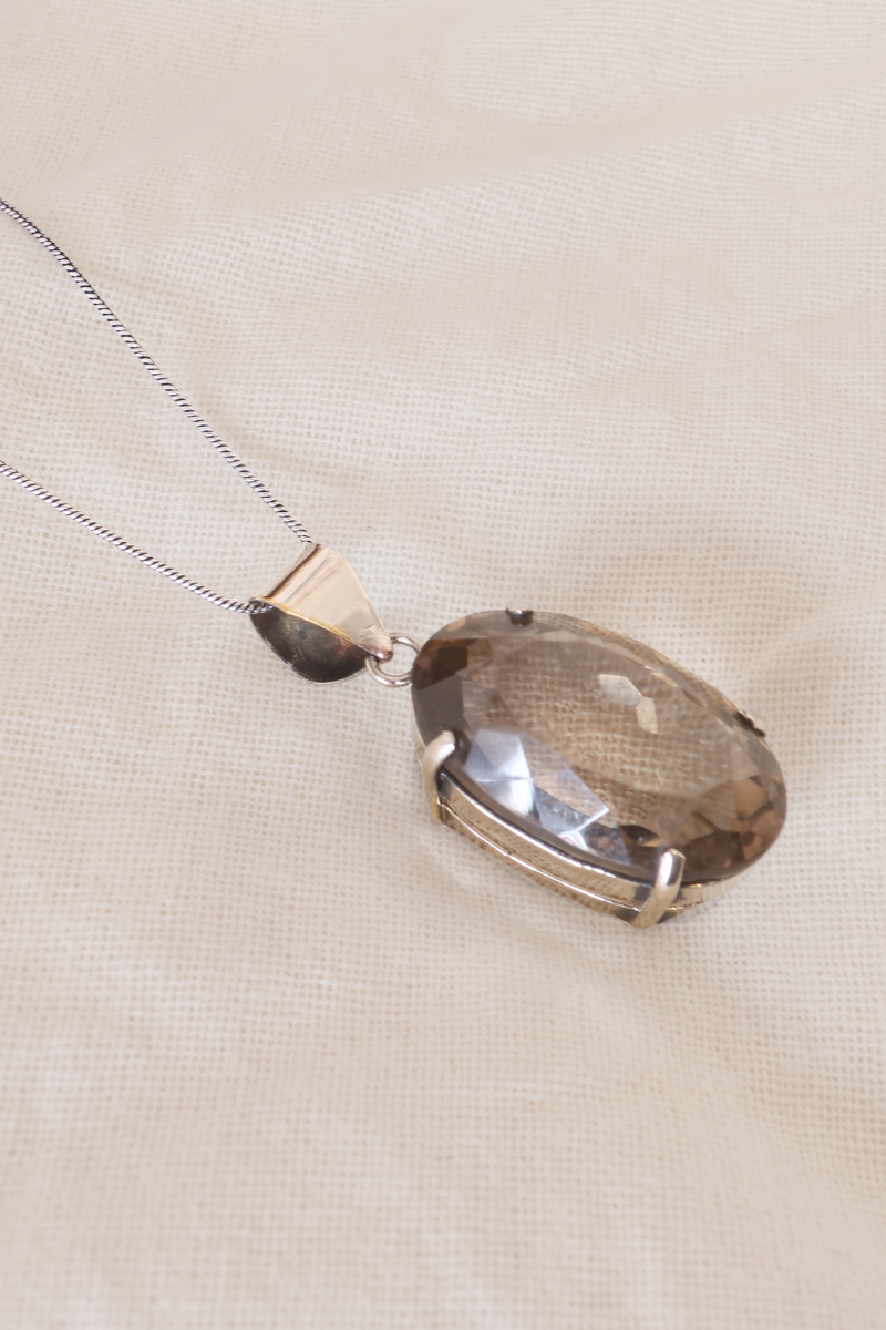 Smokey Oval Quartz Silver Plated Necklace