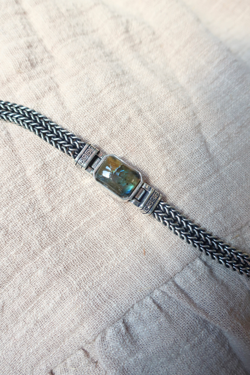 Thick Chain Bracelet in Silver with Marbled Tourmaline