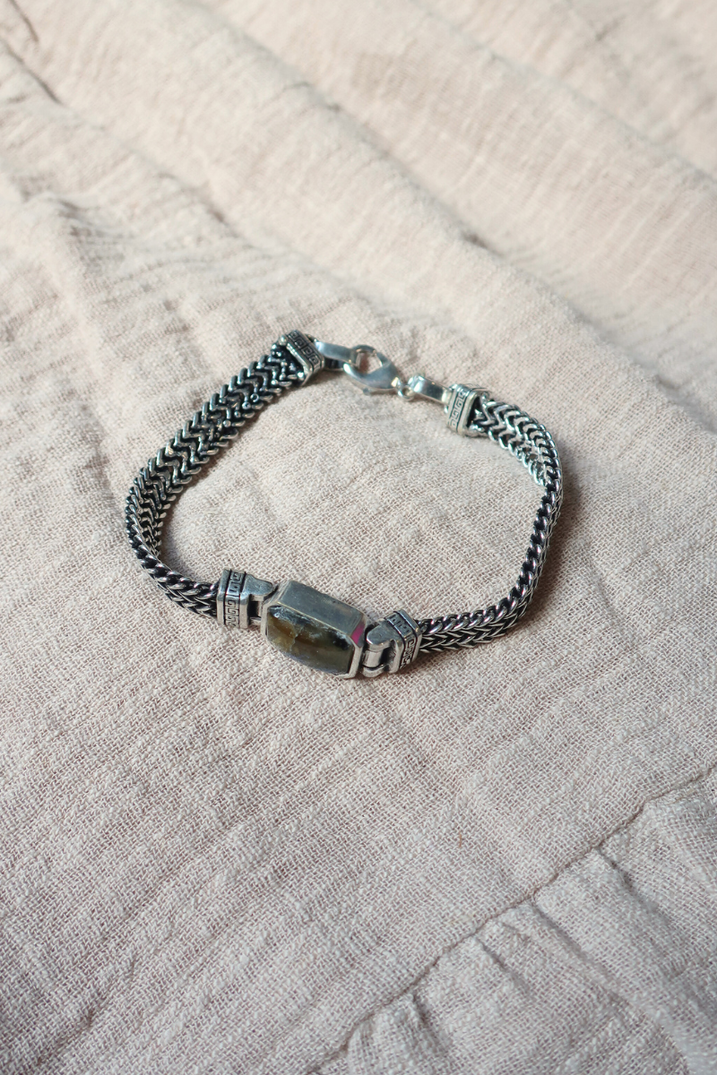 Thick Chain Bracelet in Silver with Marbled Tourmaline