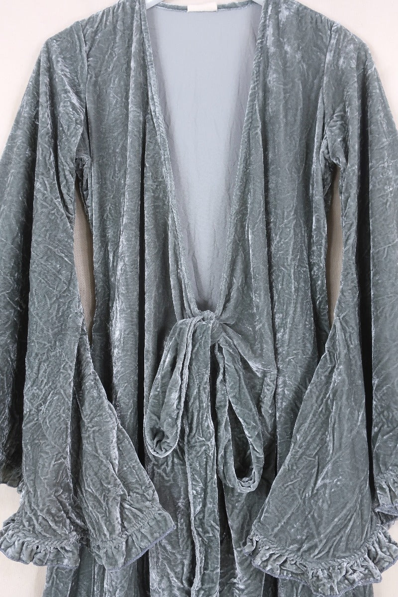 Flat lay of our Khroma Venus Maxi Dress in Stardust Grey Velvet tied at the front like a kimono by All About Audrey