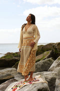 Emmylou Patchwork Wrap Skirt in Stone Blue & Tan By All About Audrey