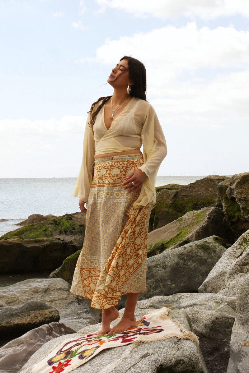 Emmylou Patchwork Wrap Skirt in Stone Blue & Tan By All About Audrey