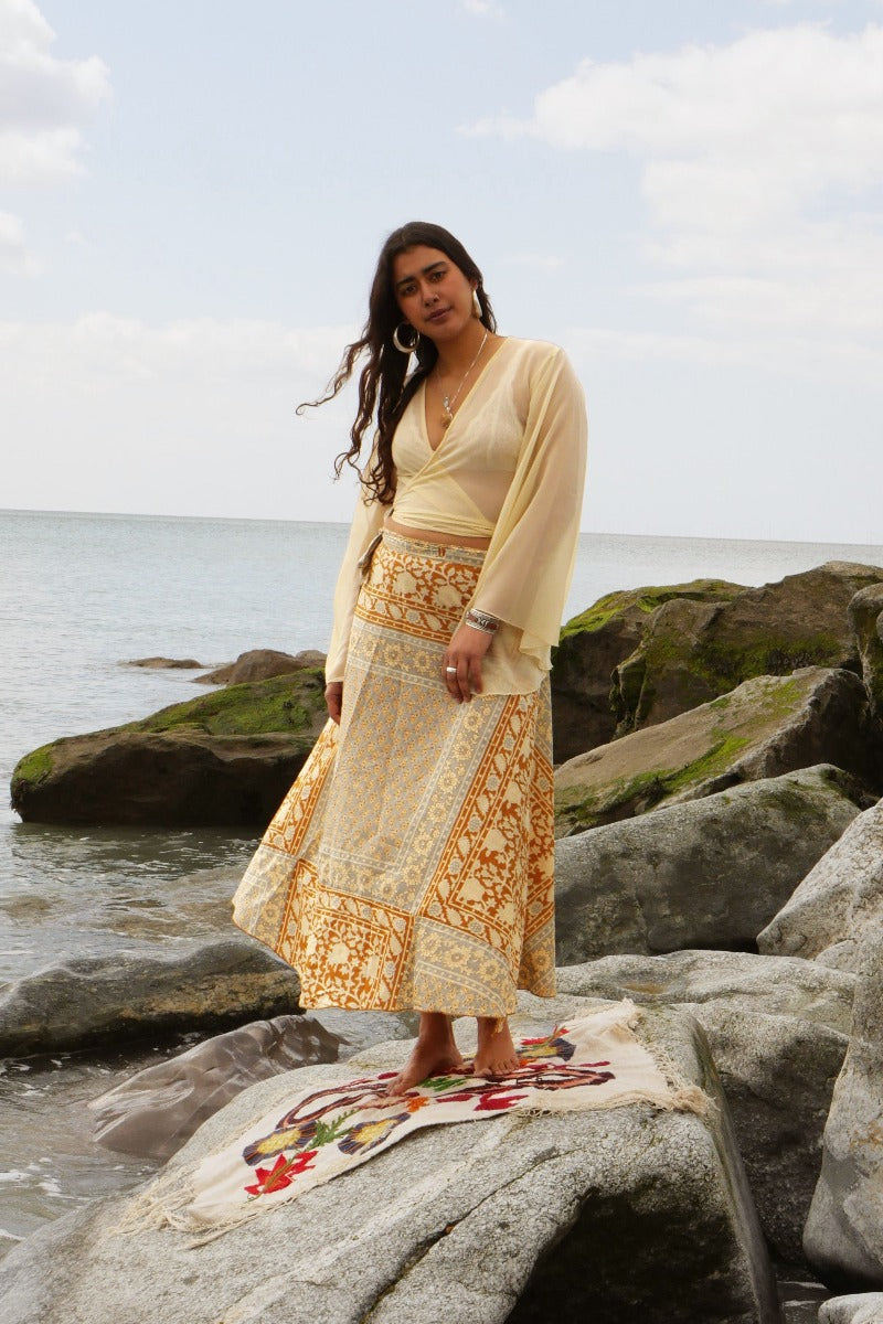 Emmylou Patchwork Wrap Skirt in Stone Blue & Tan By All About Audrey