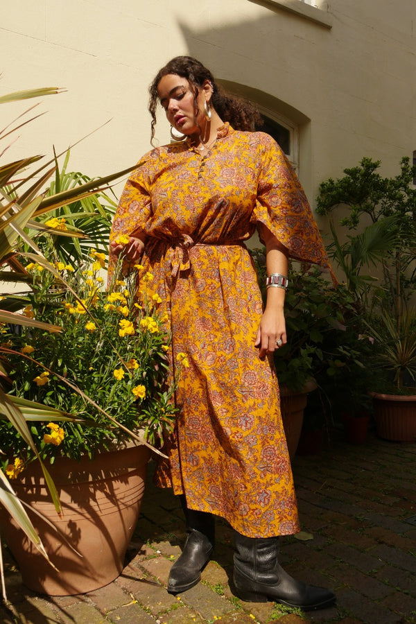 block print indian kaftan midi bohemian hippie cotton apollo dress 70s boho floral print sparkly adini style angel sleeve in sunflower yellow by All About Audrey