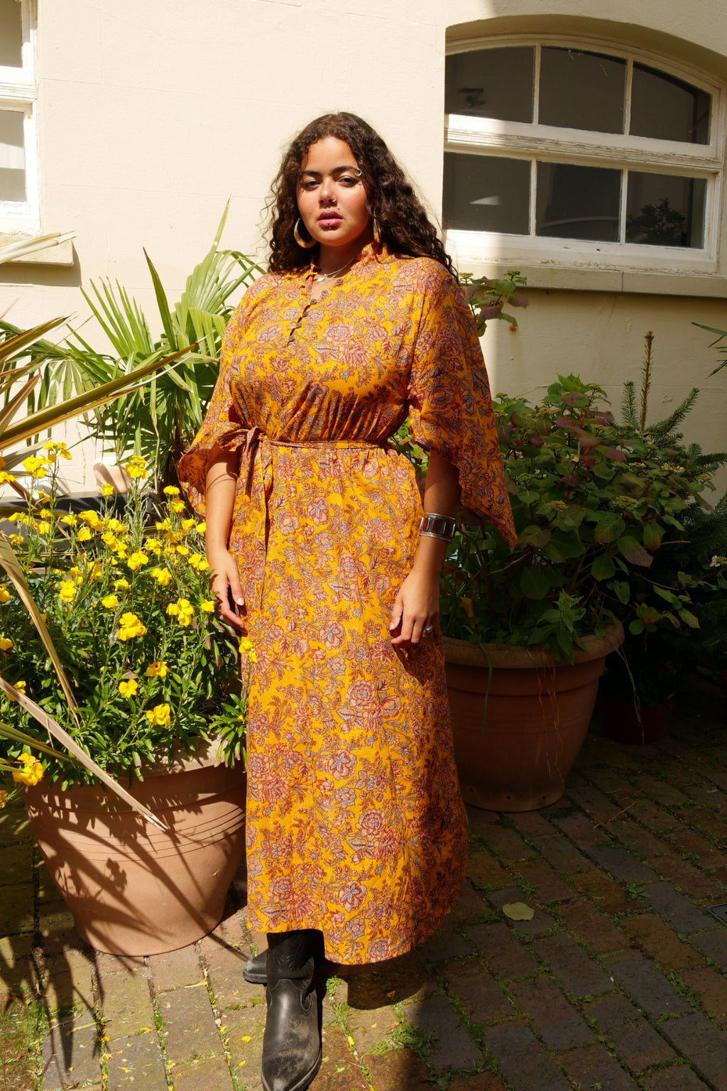 block print indian kaftan midi bohemian hippie cotton apollo dress 70s boho floral print sparkly adini style angel sleeve in sunflower yellow by All About Audrey