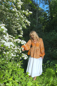 Peacock Prairie Boho Smock Top - Tan & Turmeric Rayon - ALL SIZES by All About Audrey