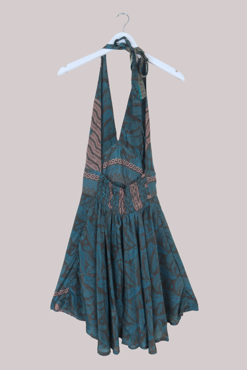 Sydney Vintage Sari Mini Halter Dress in Ancient Pewter & Teal - Size S