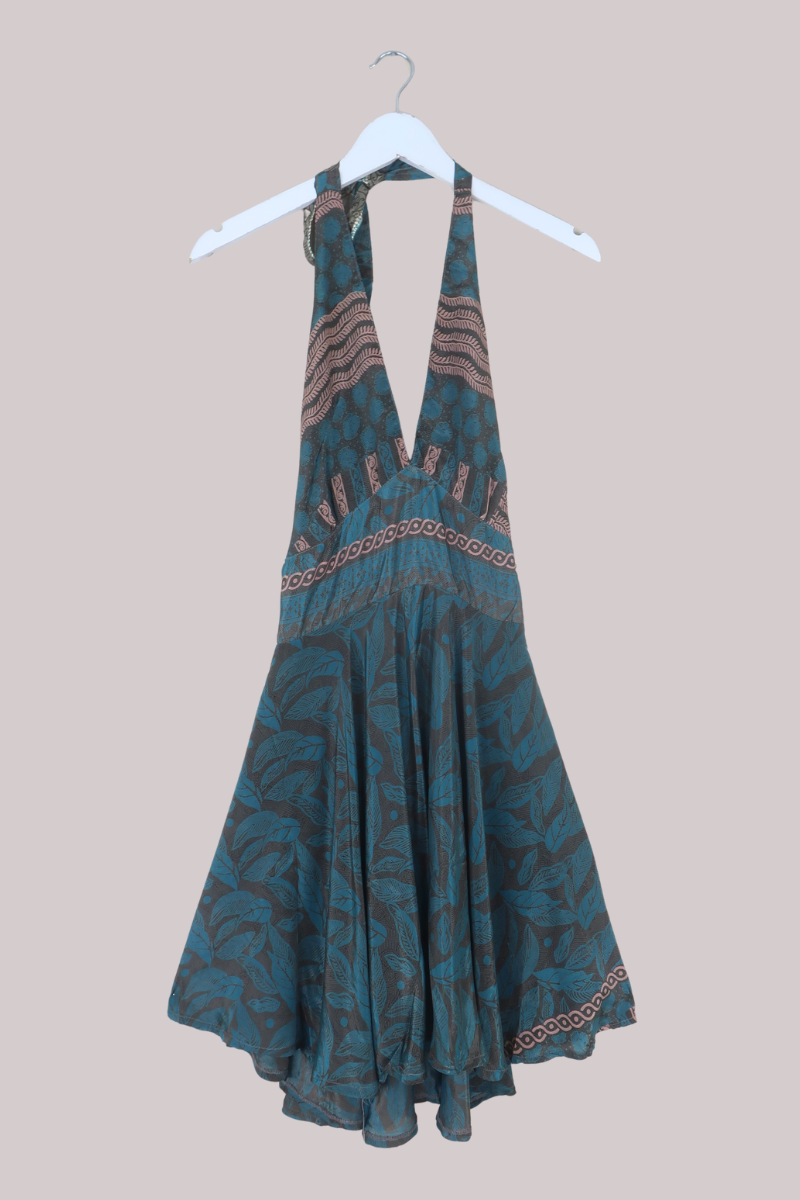 Sydney Vintage Sari Mini Halter Dress in Ancient Pewter & Teal - Size S