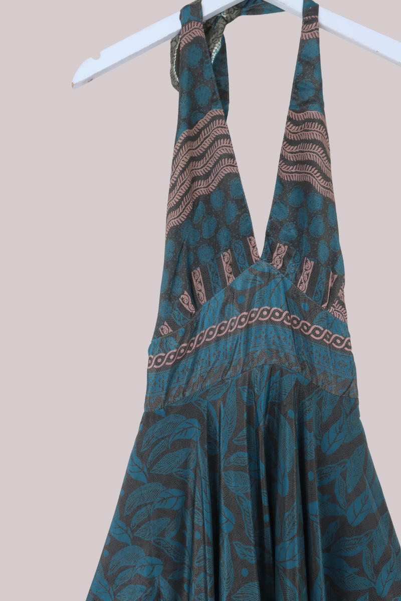 Sydney Vintage Sari Mini Halter Dress in Ancient Pewter & Teal - Size S
