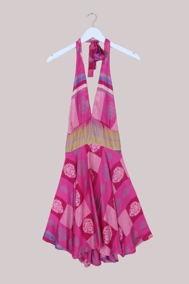 Sydney Vintage Sari Mini Halter Dress in Berry Pink Patchwork - Size S