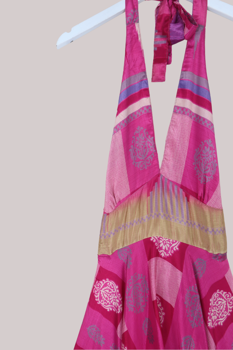 Sydney Vintage Sari Mini Halter Dress in Berry Pink Patchwork - Size S