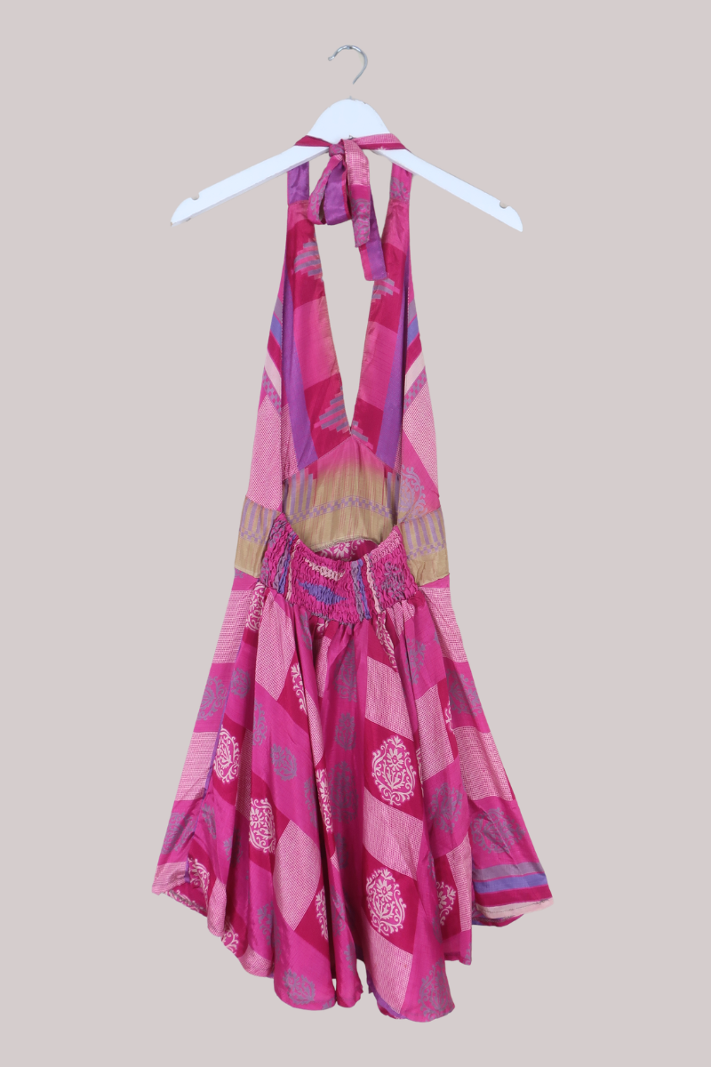 Sydney Vintage Sari Mini Halter Dress in Berry Pink Patchwork - Size S