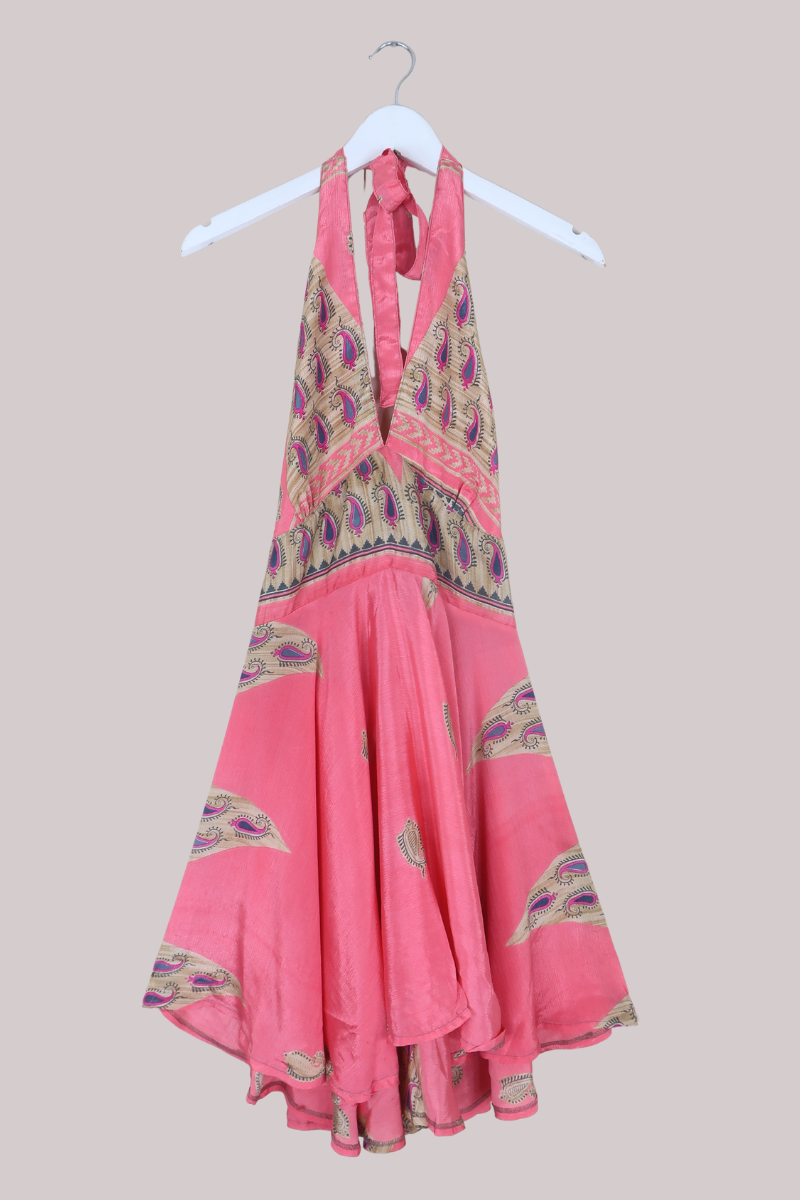 Sydney Vintage Sari Mini Halter Dress in Blush Coral Paisley - Size S