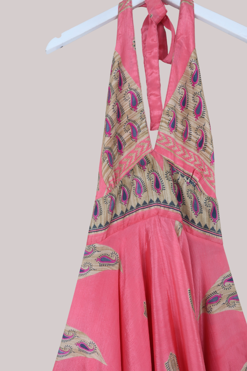 Sydney Vintage Sari Mini Halter Dress in Blush Coral Paisley - Size S
