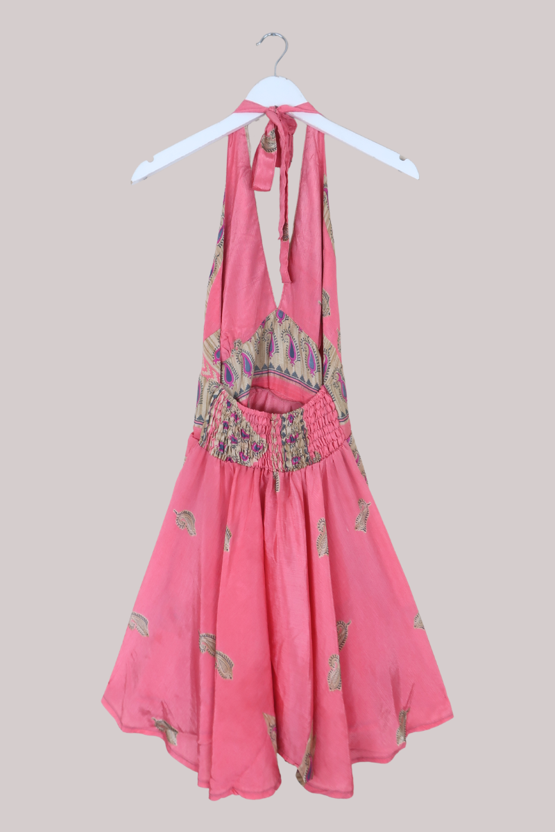 Sydney Vintage Sari Mini Halter Dress in Blush Coral Paisley - Size S