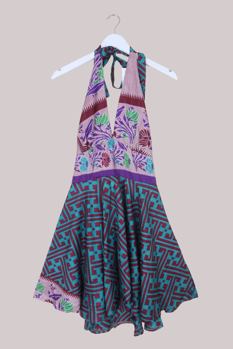 Sydney Vintage Sari Mini Halter Dress in Cross Stitch Florals - Size S