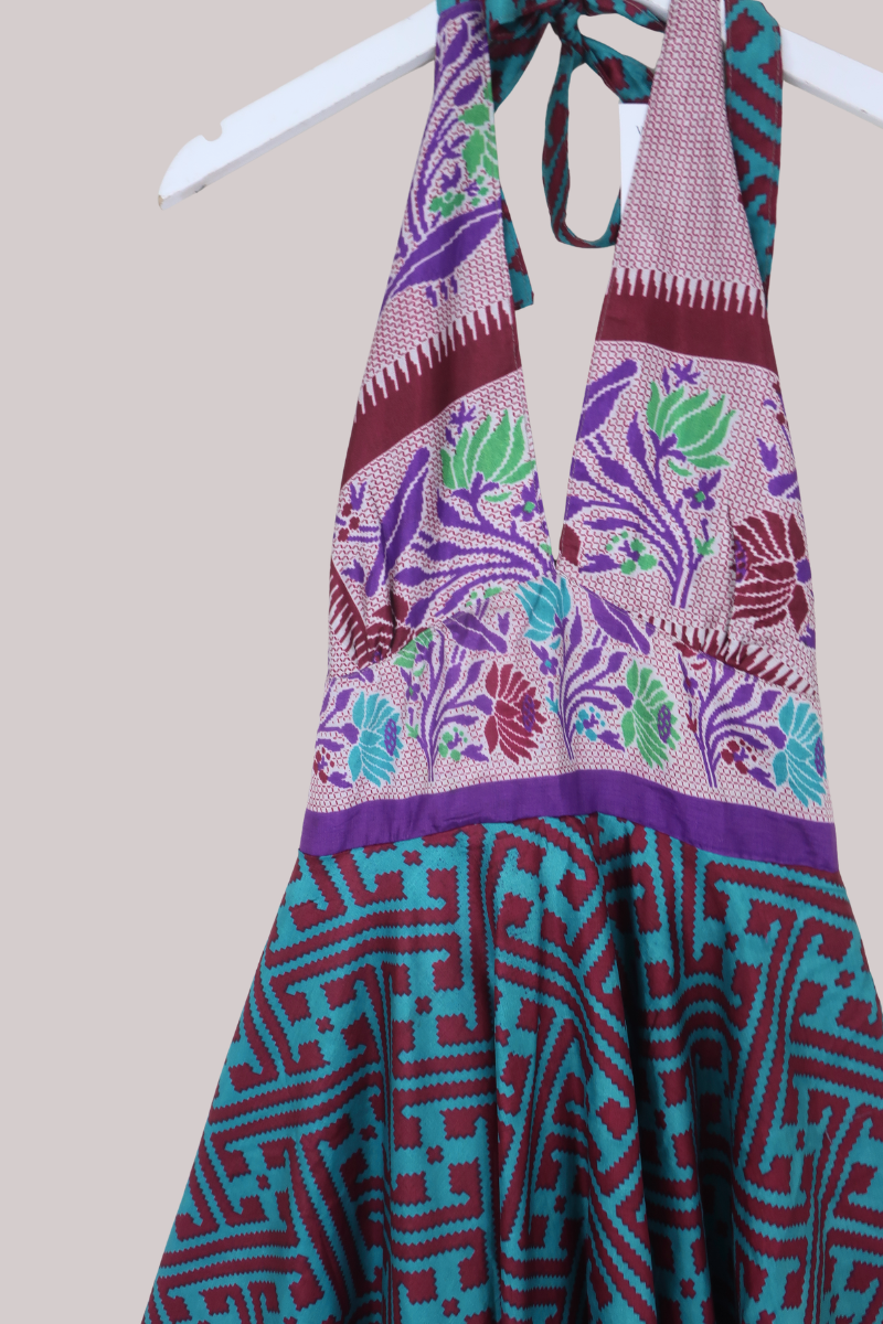 Sydney Vintage Sari Mini Halter Dress in Cross Stitch Florals - Size S