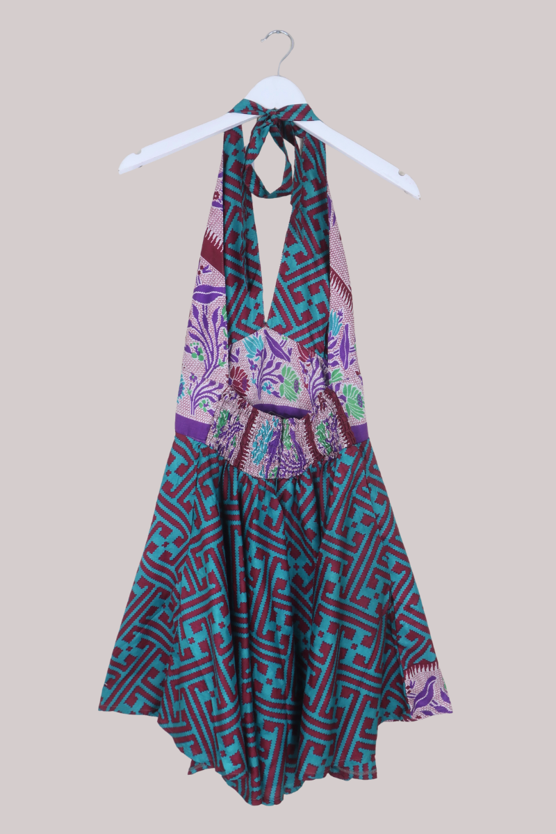 Sydney Vintage Sari Mini Halter Dress in Cross Stitch Florals - Size S