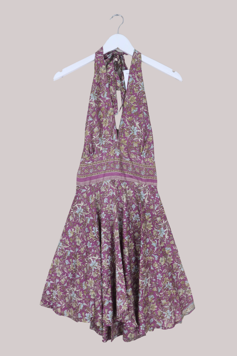 Sydney Vintage Sari Mini Halter Dress in Ditsy Lavender Lillies - Size S