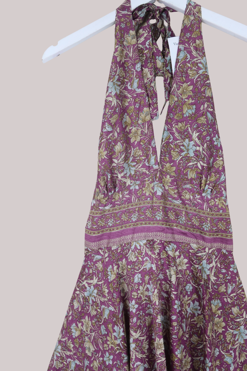 Sydney Vintage Sari Mini Halter Dress in Ditsy Lavender Lillies - Size S