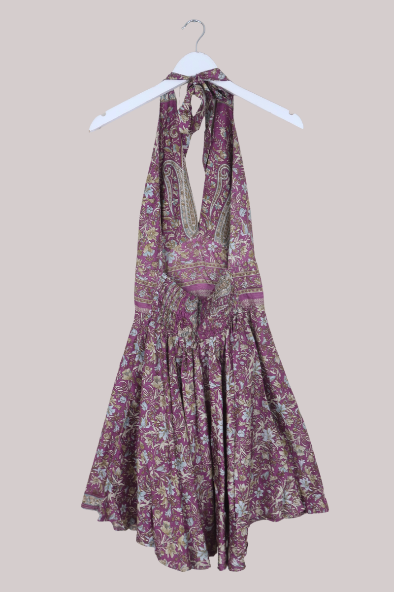Sydney Vintage Sari Mini Halter Dress in Ditsy Lavender Lillies - Size S