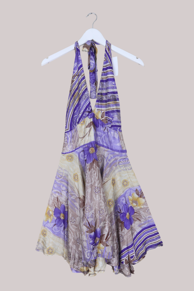 Sydney Vintage Sari Mini Halter Dress in Indigo Champagne Florals - Size S