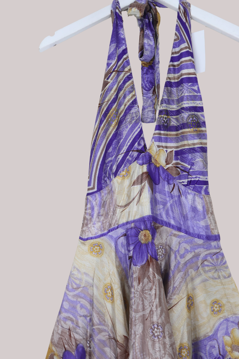 Sydney Vintage Sari Mini Halter Dress in Indigo Champagne Florals - Size S