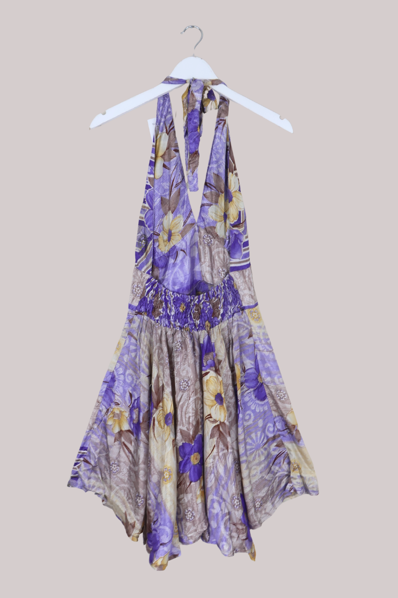 Sydney Vintage Sari Mini Halter Dress in Indigo Champagne Florals - Size S