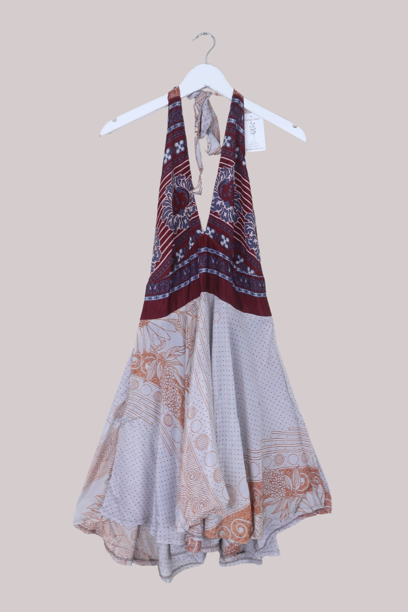 Sydney Vintage Sari Mini Halter Dress in Maroon Floral Ceramic - Size S