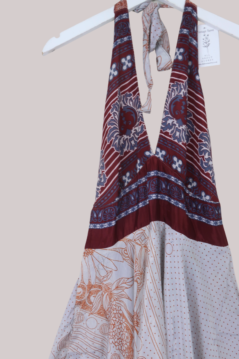 Sydney Vintage Sari Mini Halter Dress in Maroon Floral Ceramic - Size S