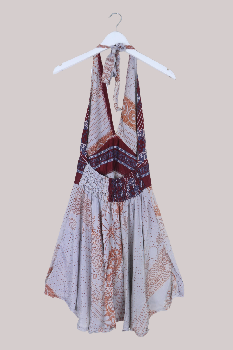 Sydney Vintage Sari Mini Halter Dress in Maroon Floral Ceramic - Size S