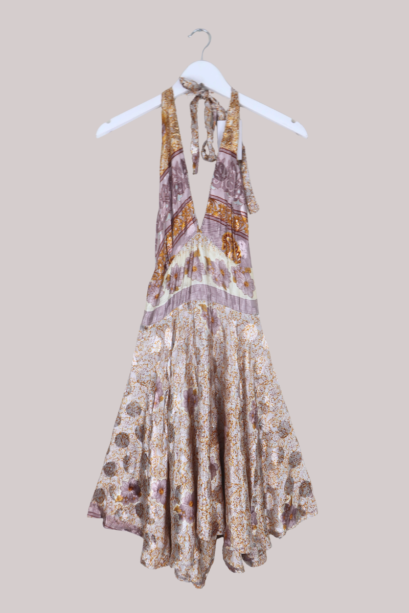 Sydney Vintage Sari Mini Halter Dress in Shining Heather & Gold - Size S