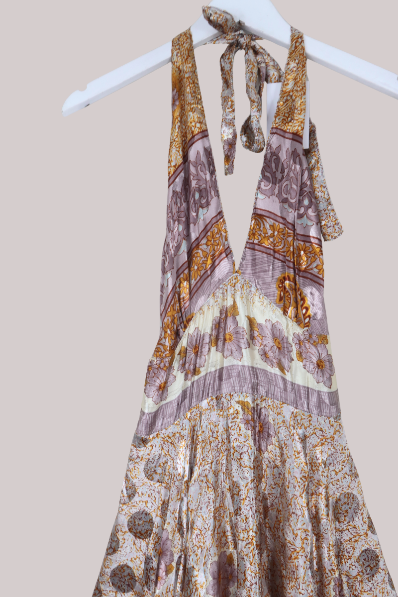 Sydney Vintage Sari Mini Halter Dress in Shining Heather & Gold - Size S