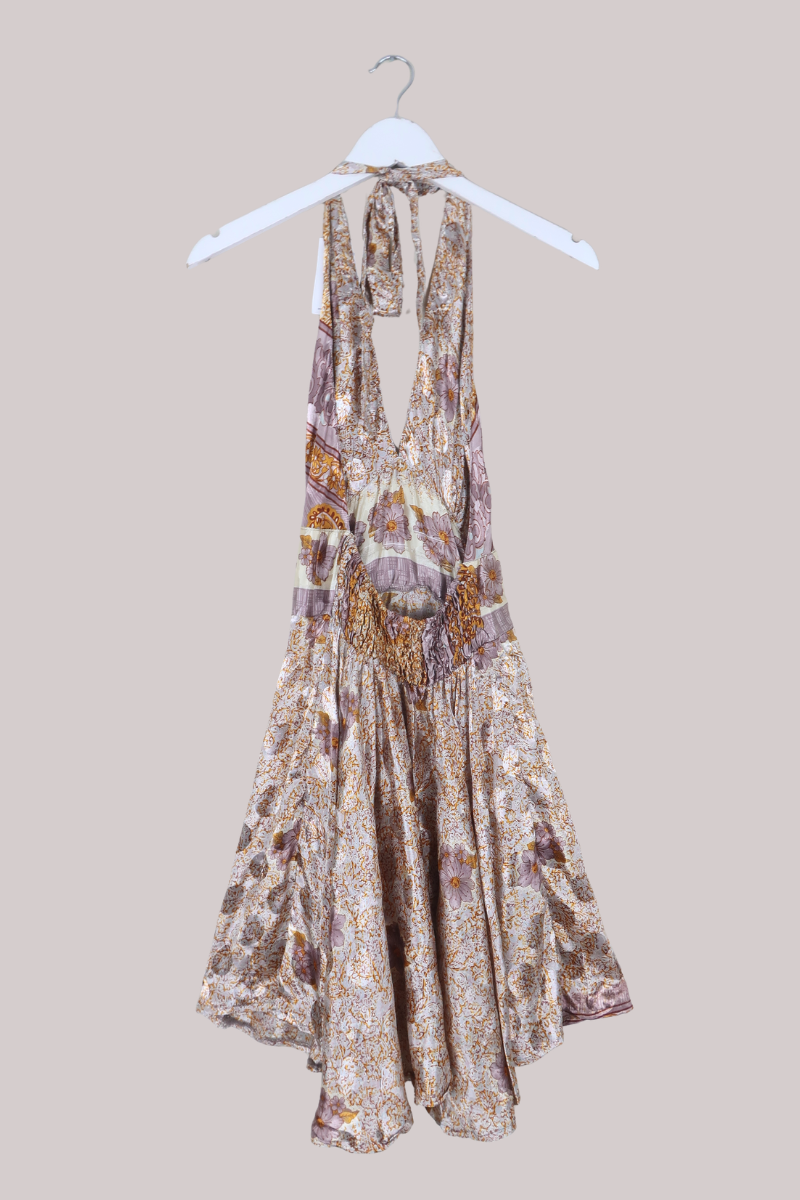 Sydney Vintage Sari Mini Halter Dress in Shining Heather & Gold - Size S
