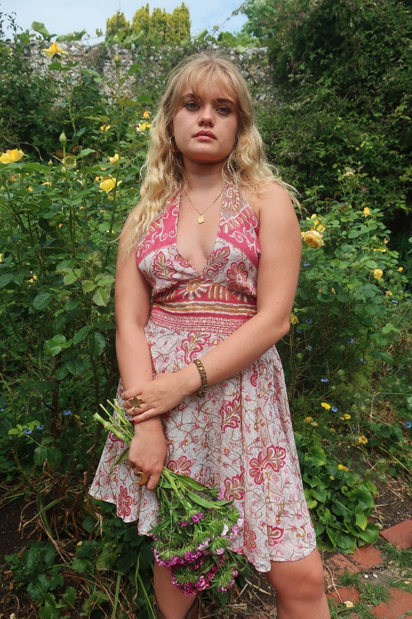 Sydney Mini Halter Dress - Rouge & Salt White Batik Floral - Vintage Sari - S By All About Audrey