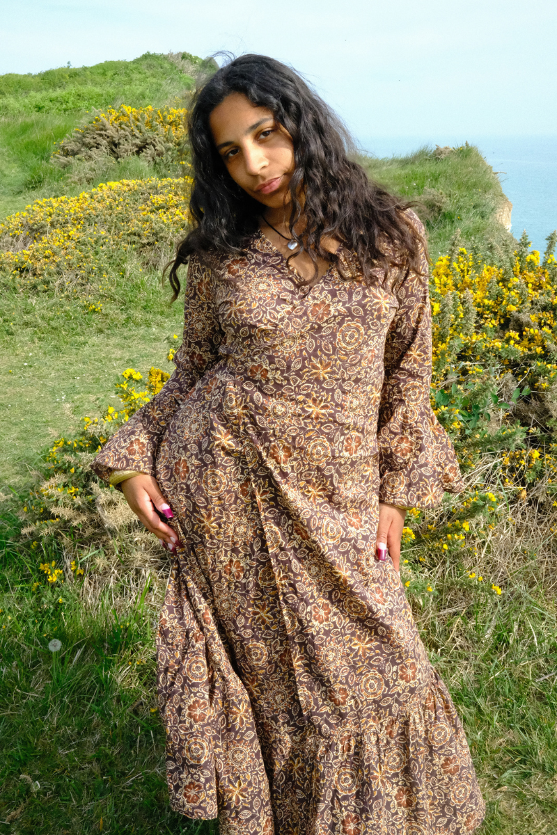 Sylvia Maxi Wrap Dress in Umber Brown Floral Block Print