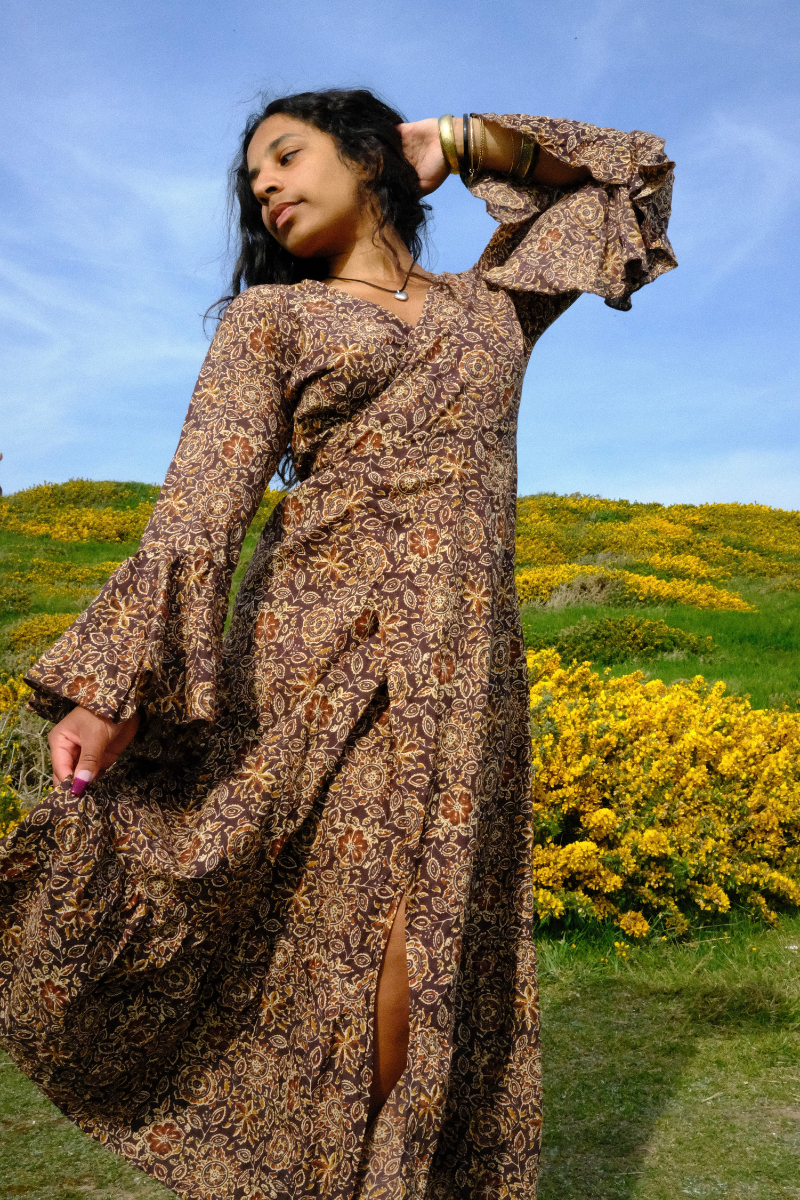 Sylvia Maxi Wrap Dress in Umber Brown Block Print Floral | AAA All About Audrey Vintage Boutique Sylvia Maxi Wrap Dress in Umber Brown Block Print Floral | AAA All About Audrey Vintage Boutique