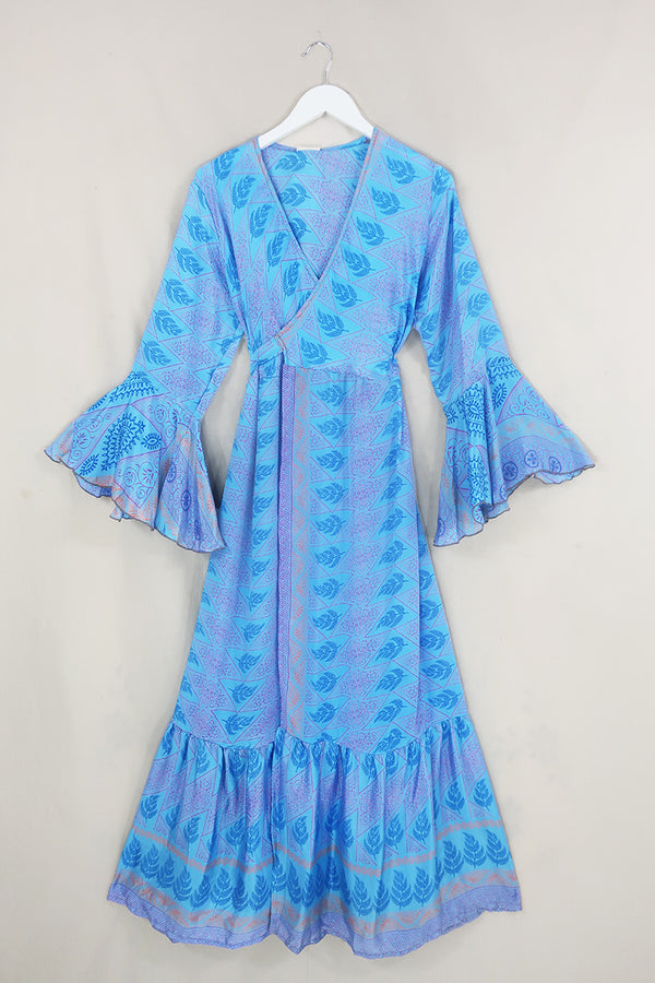 Sylvia Wrap Dress - Powder Blue & Lilac Floral - Size L by All About Audrey