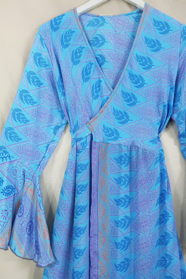 Sylvia Wrap Dress - Powder Blue & Lilac Floral - Size L by All About Audrey