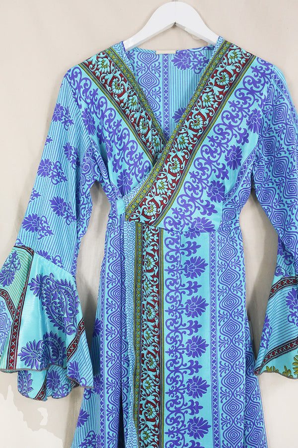Sylvia Wrap Dress - Cyan & Amethyst Ornate Bloom - Size L by All About Audrey