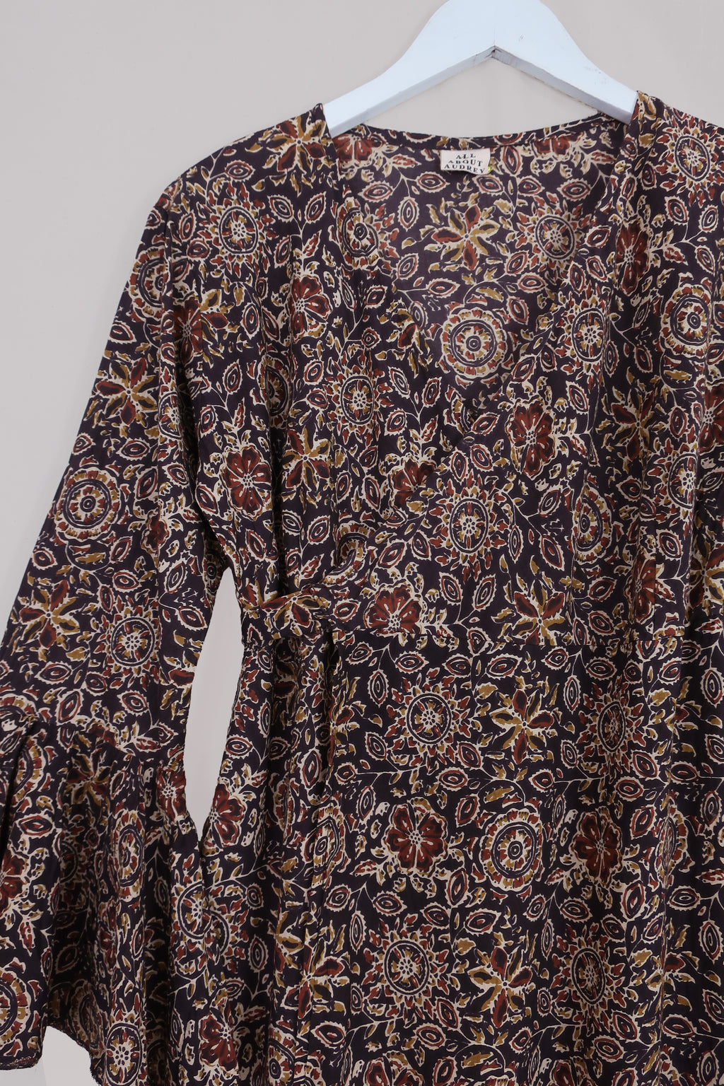 Sylvia Maxi Wrap Dress in Umber Brown Block Print Floral by all about audrey